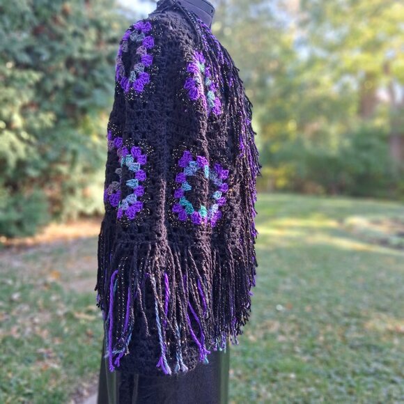 Granny Square Super Fringe Black Purple Greens L/XL - Picture 9 of 12